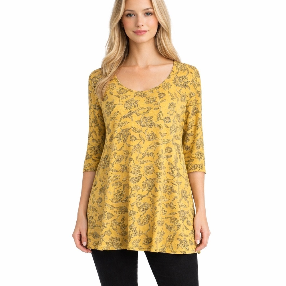 J Jill Pure Jill Ballet Sleeve Tunic Top Chamomile Yellow Floral Boho Size XL